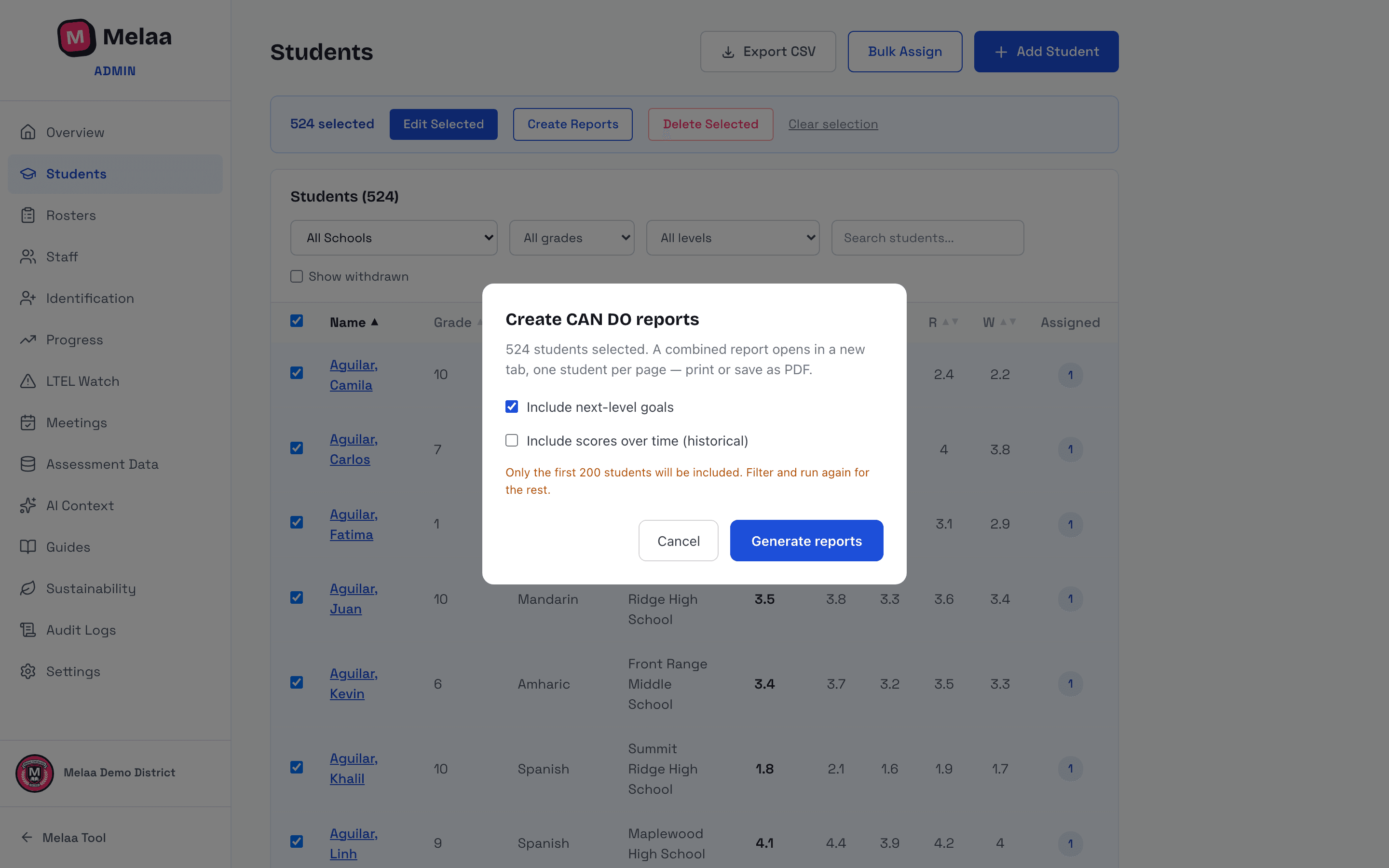 Bulk toolbar and report options