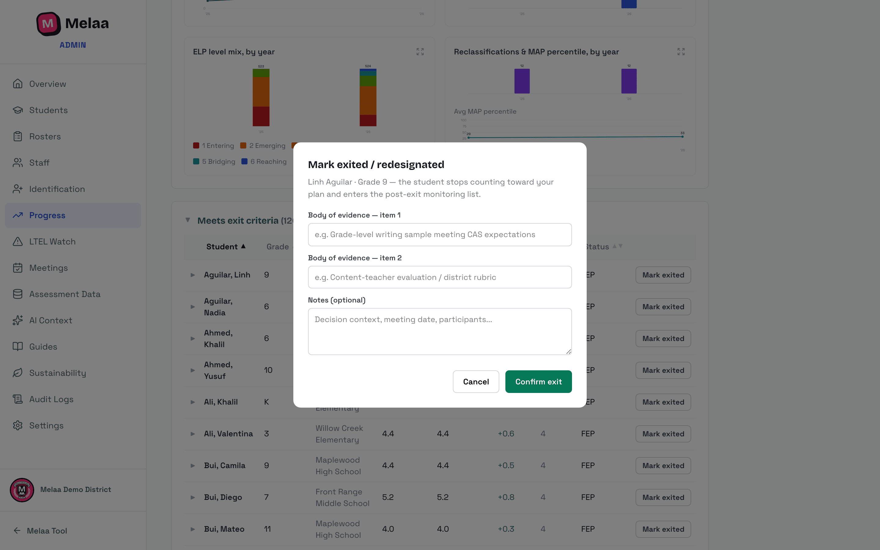 Mark exited: body-of-evidence modal