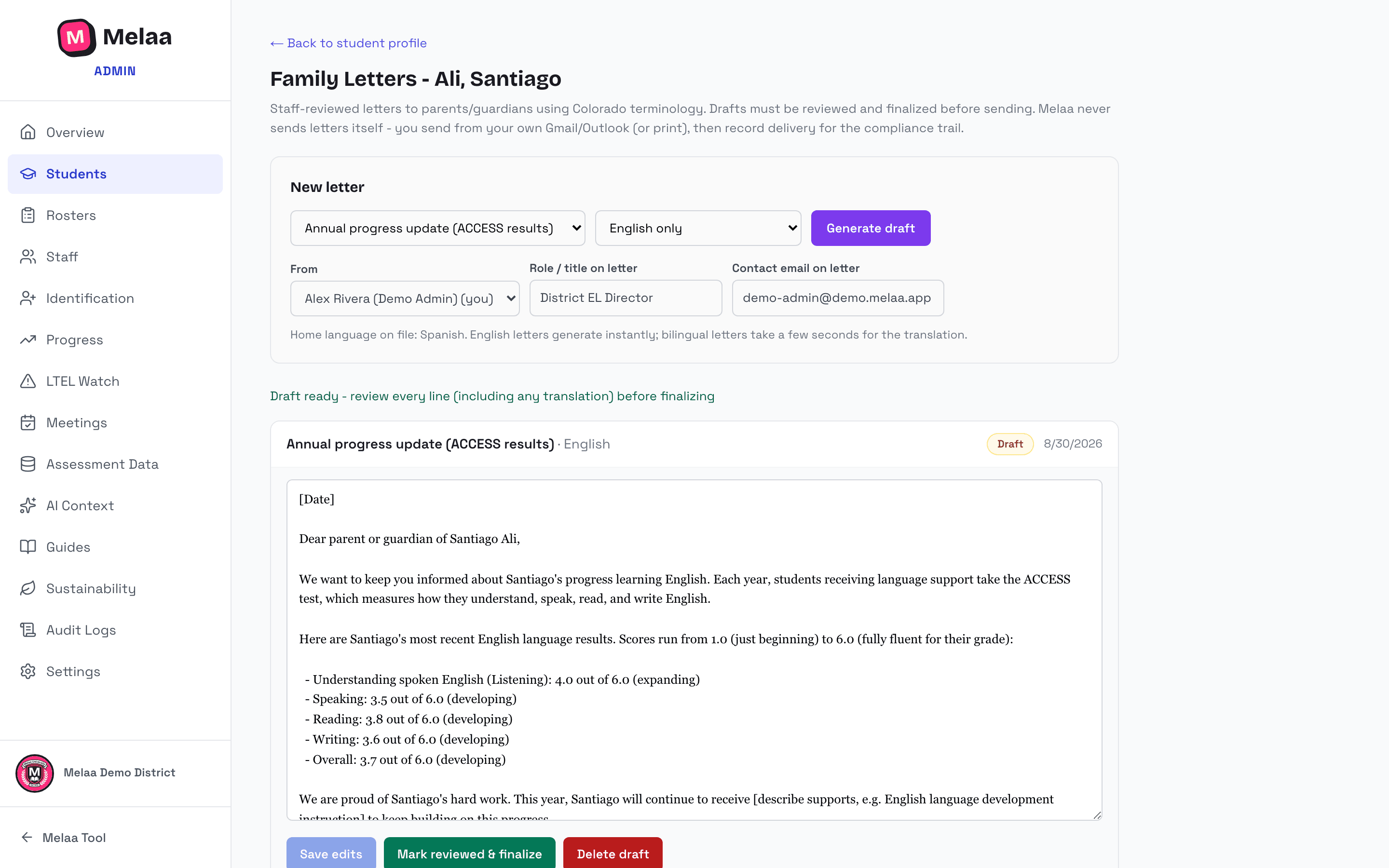 A drafted family letter open for review