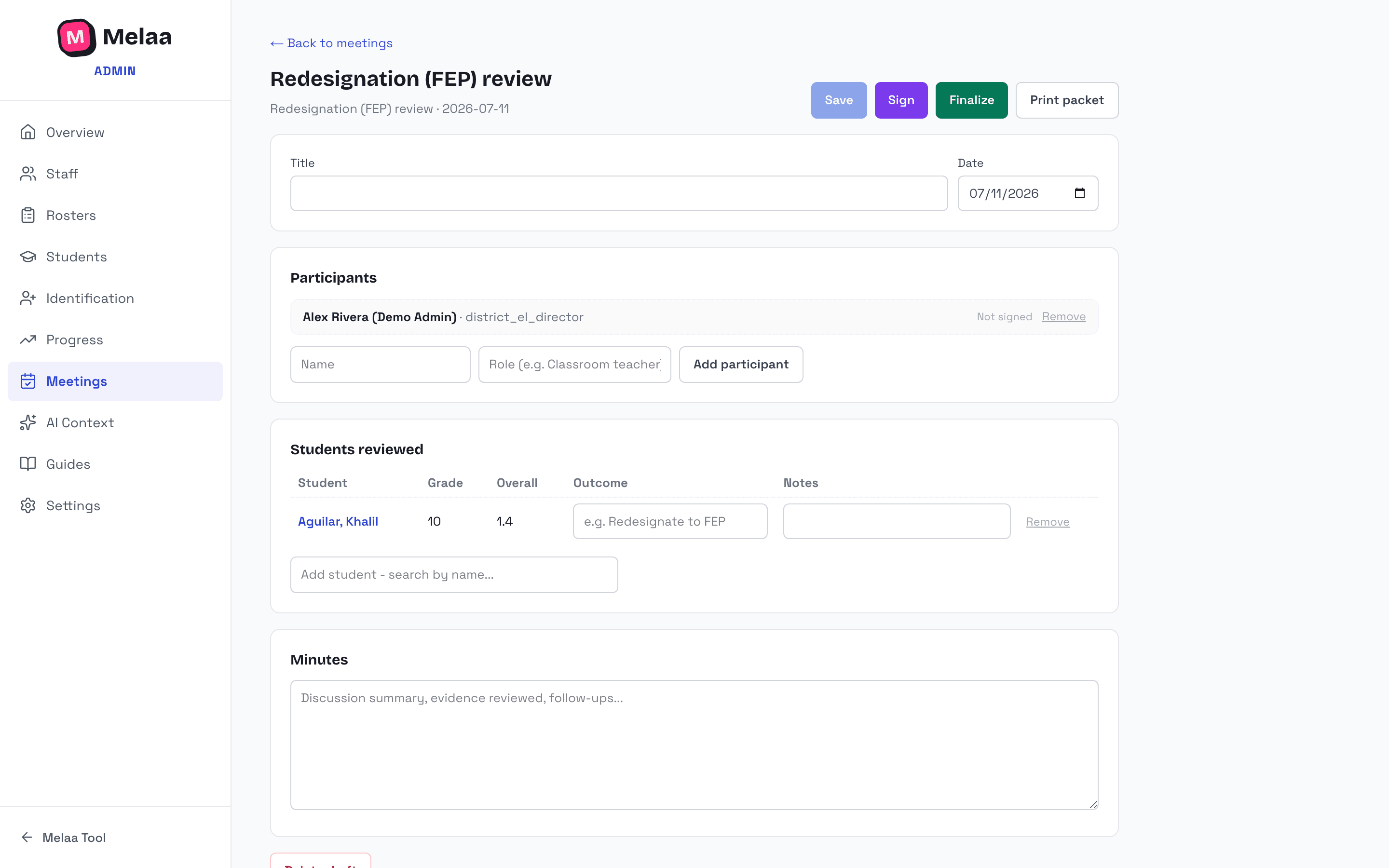 Review meeting: participants, students reviewed, and minutes